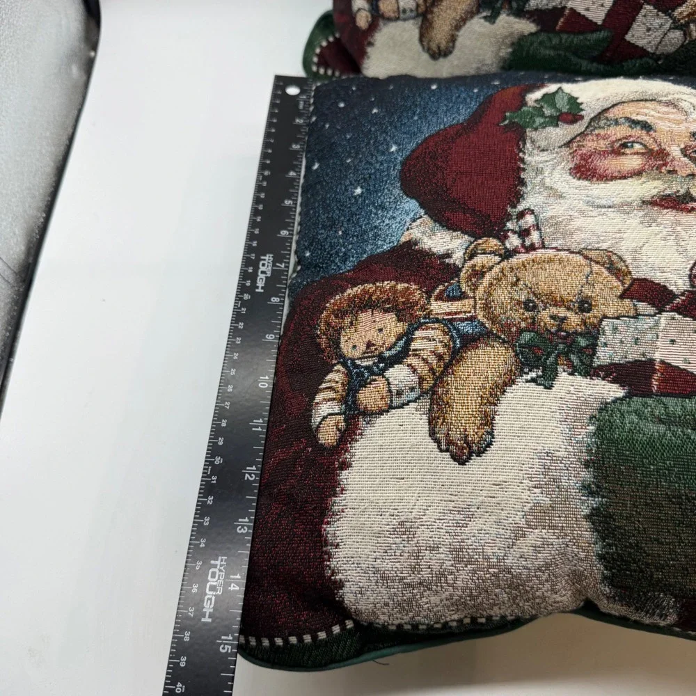 Vtg Christmas Tapestry Santa Claus Woven Throw Pillows Green Set 2 grandmacore